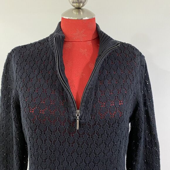Adolfo Black M Lacy Knit Tunic Sweater Mini Dress Quarter Zip Ribbed Hem Cotton - Picture 4 of 10